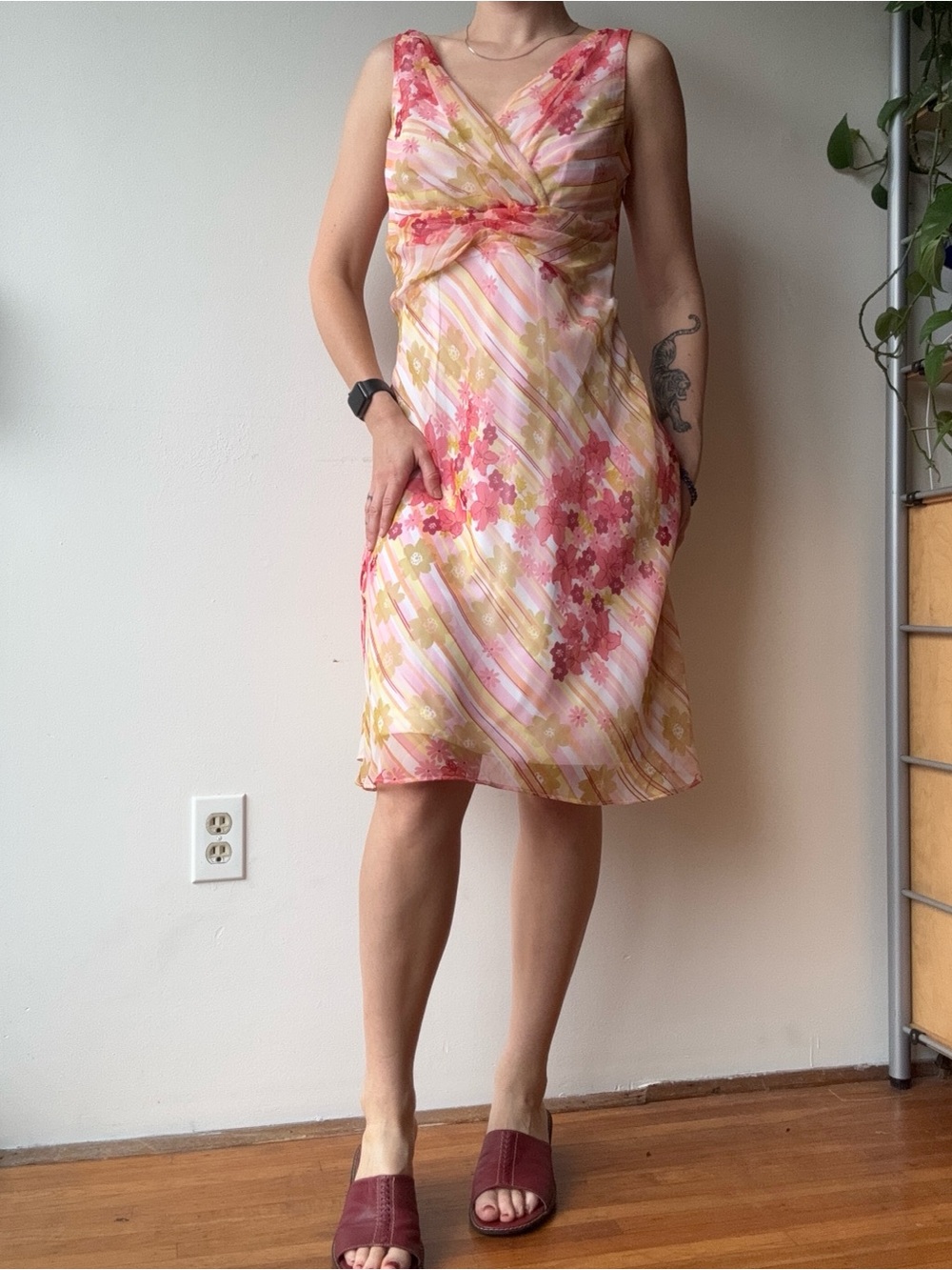 Floral Pink & Yellow V-Neck Sleeveless Midi Dress